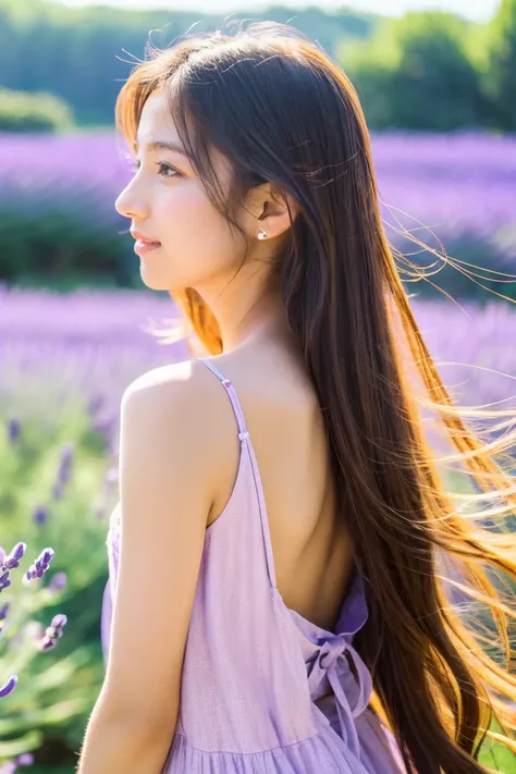 Provence region、Lavender on one side、Rear view of a girl wearing a summer dress standing in the distance、Long、Hair fluttering in the wind、