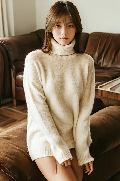 Beautiful girl wearing a turtleneck sweater、Bruises、18year old、inside in room、sofas、(Wool miniskirt)、