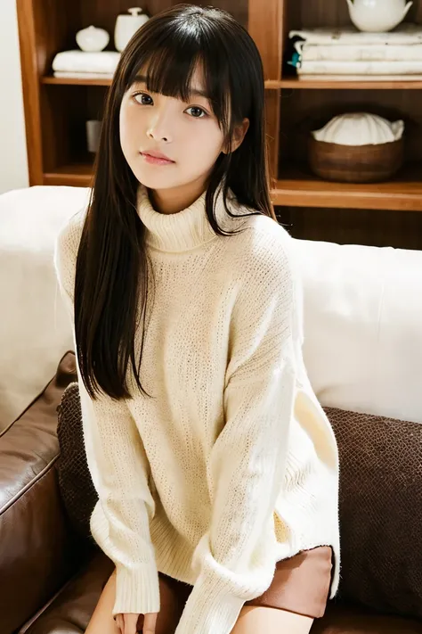 Beautiful girl wearing a turtleneck sweater、With bangs、Black hair straight long、Bruises、12year old、inside in room、sofas、(Wool miniskirt)、