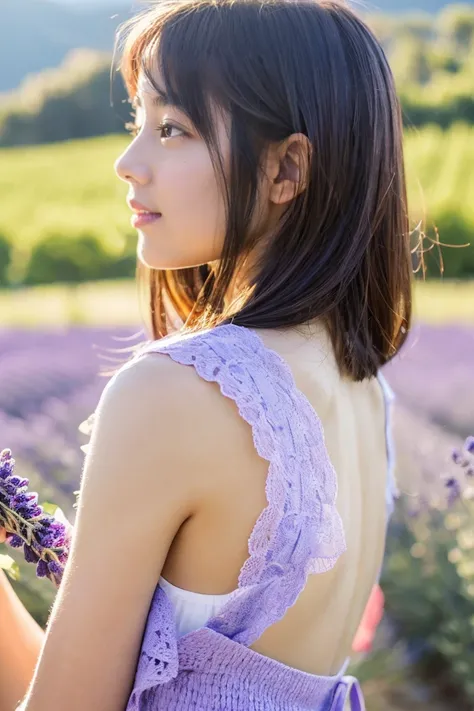 Provence region、Lavender on one side、The person is from the back、A girl about 14 years old、Rear head、I cant see my face、