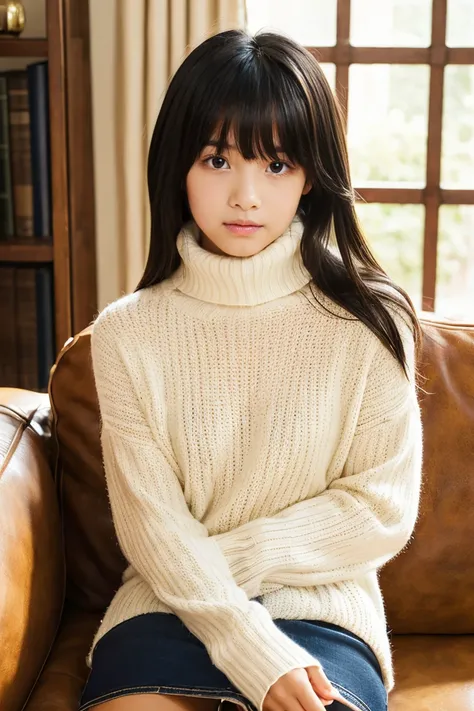 Beautiful girl wearing a turtleneck sweater、With bangs、Black hair straight short、Bruises、12year old、inside in room、sofas、(Wool miniskirt)、