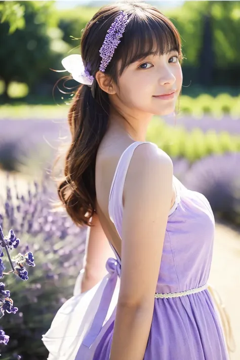 Provence region、Lavender on one side、The person is from the back、Japanese girl around 14 years old、Rear head、I cant see my face、light green summer dress、