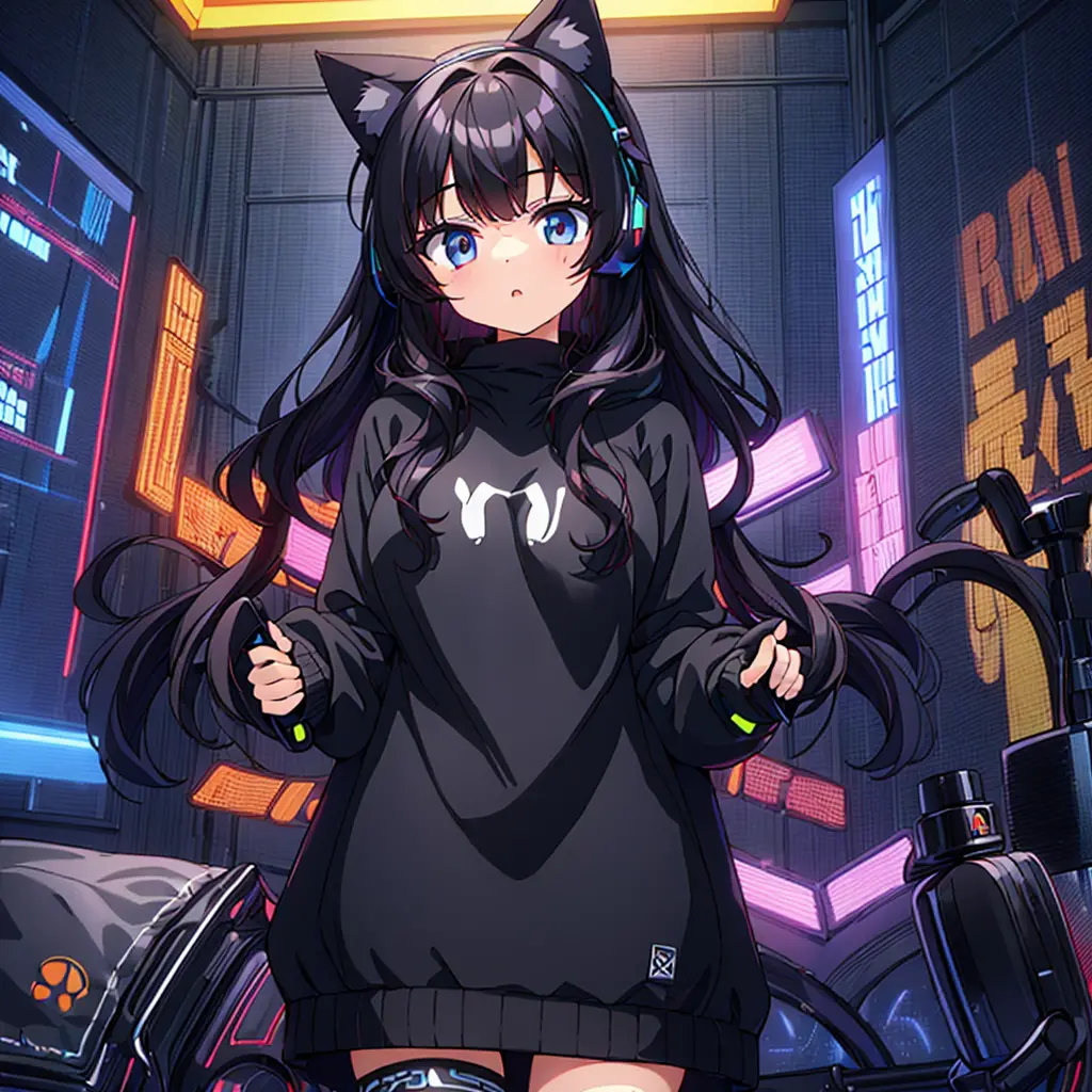 1girl, beautiful girl, very long very curly black hair, hazel big shiny eyes, cute cat ears , wearing gaming hoodie written on it “ Aseel “ , wearing sweatshirt, she is a gamer , wearing headset, gamer room, PlayStation games, funny hot girl , high res, ul...