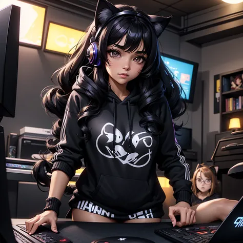 1girl, beautiful girl, very long very curly black hair, hazel big shiny eyes, cute cat ears , wearing gaming hoodie written on i...