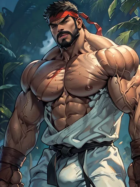 3D Photorealistic, Masterpiece realistic, best high quality, perfect details, RAW Photo, intricate details, nice lighting, 4K, detailed background, (excessive huge muscle:1.6), (huge buff muscle:1.4), (veiny muscle:1.2), ryu from street fighter, hot beard,...