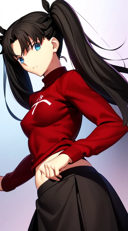 tohsaka rin, black hair, twintail hair, blue eyes, sharp eyes, plain red sweater, mini skirt, black skirt, belly, 1 woman, show off belly, underboobs, small breast