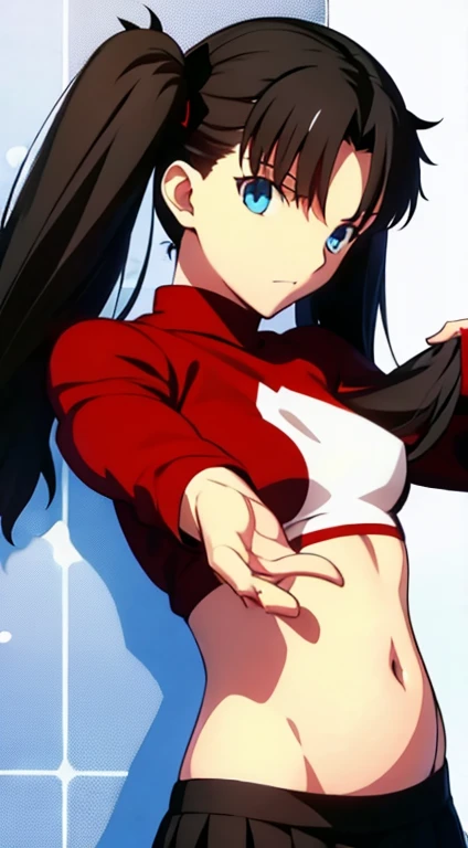 tohsaka rin, black hair, twintail hair, blue eyes, plain red sweater, mini skirt, black skirt, belly, 1 woman, show off belly, underboobs, small breast, nipple, heavenly ass