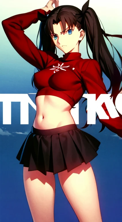 tohsaka rin, black hair, twintail hair, blue eyes, plain red sweater, mini skirt, black skirt, belly, 1 woman, show off belly, underboobs, small breast, show off nipple, heavenly ass, perfert face, 8k, masterpiece