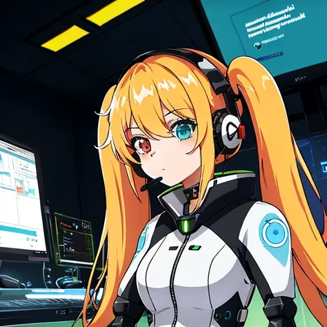 cute girl in cyberspace, Hyperraum,  ein futuristisches Computernetzwerk, Hackingui, User interface, Hud, rot und schwarz , Perfektes Haar, Perfektes Gesicht, Heterochromia, mehrfarbiges Haar, computer Bildschirm, Bildschirm, behind Bildschirm, {{Brhort-Ha...