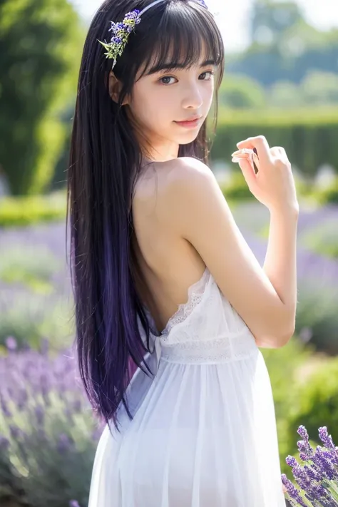 Provence region、Lavender on one side、The person is from the back、Japanese girl around 17 years old、Rear head、((I cant see my face))、white summer dress、Black hair straight long、((The person is standing 1000m away))、