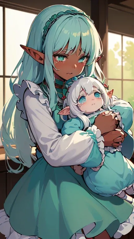 (((I want an elf child with dark skin, long white hair and detailed green eyes, a childish and chubby body, wearing a light blue dress with ruffles, Crying, hugging her mother)))