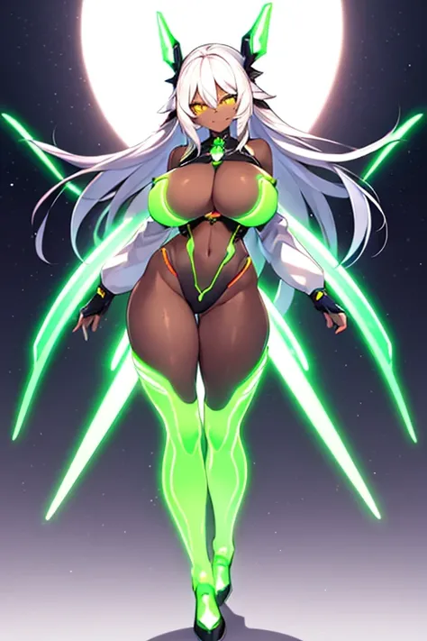 1girl, dark-skinned female, breasts, large breasts, wide hips, white hair, long hair, yellow eyes, smile, smirk, smug, sleeves, short sleeves, bodysuit, pantyhose, futuristic, science-fiction, neon trim, neon, full body, ((full body)), standing, green neon...