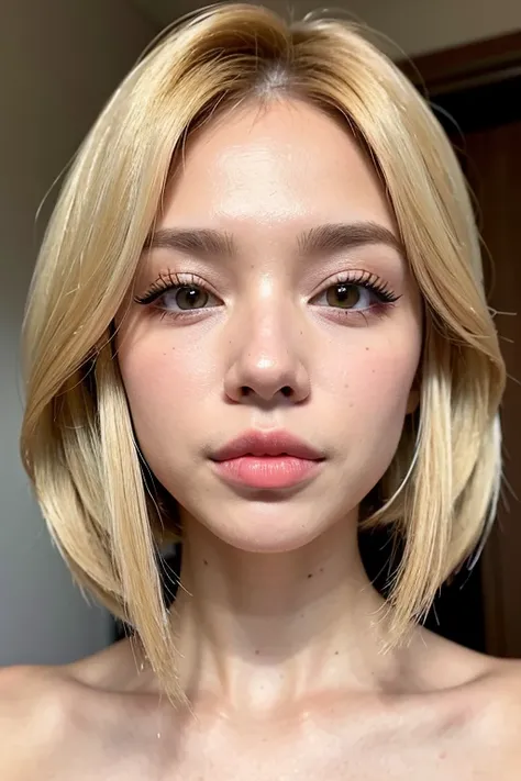 ((best quality)), ((master part)), (circunstanciado), ((rosto perfeito)), perfect big lips, cabelo longo, Asian, pele perfeita, olhos perfeitos, cabelo loiro, cabelo cacheado, quarto, loira, blonde hair