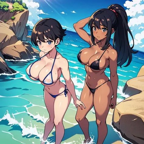 anime girl in a bikini standing on a beach next to a wooden structure, on the beach, on a beach, on the beach, realistic bikini, on a sunny beach, oppai proportions, thicc, seductive anime girl, seductive beautiful anime woman, standing on the beach, stand...