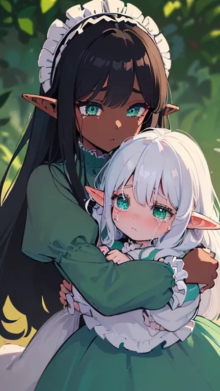 (((I want an elf child with dark skin, long white hair and detailed green eyes, a childish and chubby body, wearing a light blue dress with ruffles, Crying, Hugged by her mother who has brown skin and black hair with beautiful green eyes and a voluminous b...