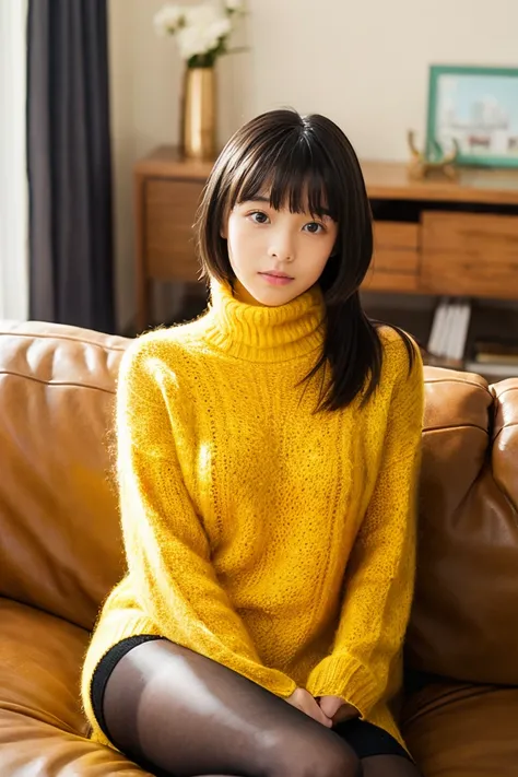 Beautiful girl wearing a yellow turtleneck sweater、With bangs、Black hair short bob、Bruises、14years、inside in room、sofas、(Wool miniskirt)、wool tights、