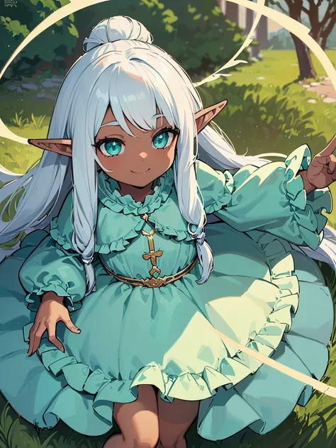 (((I want an elf child with dark skin, long white hair and detailed green eyes, a childish and chubby body, wearing a light blue dress with ruffles, a smile on her face)))