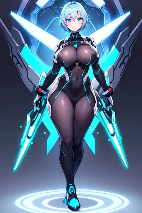 1girl, white skin, light skin, smile, light smile, blue hair, short hair, blue eyes, large breasts, breasts, wide hips, black bodysuit, bodysuit, sleeves, short sleeves, pantyhose, futuristic, science-fiction, neon trim, neon, full_body, ((full body)), sta...