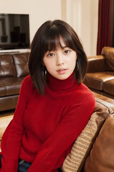 Beautiful girl wearing a red turtleneck sweater、With bangs、Black hair short bob、Bruises、14years、inside in room、sofas、Spinning、