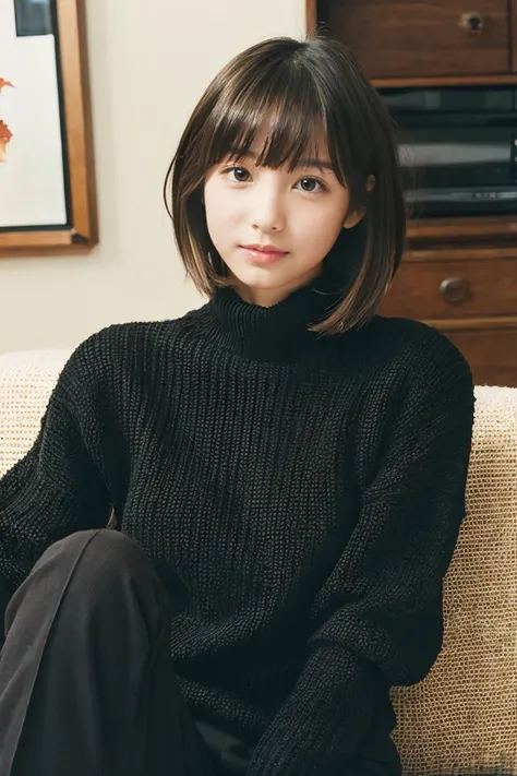 Beautiful girl wearing a black turtleneck sweater、With bangs、Short Bob、14years、inside in room、sofas、Spinning