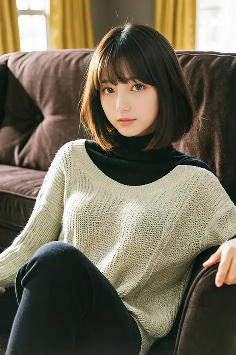 Beautiful girl wearing a black turtleneck sweater、With bangs、Short Bob、14years、inside in room、sofas、Spinning