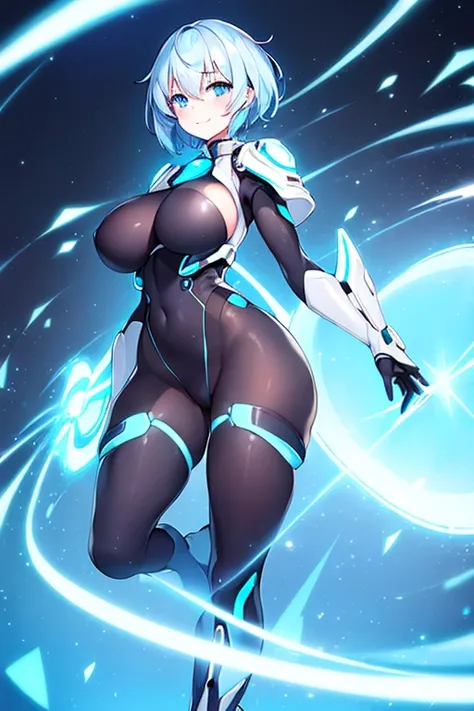 1girl, white skin, light skin, smile, light smile, blue hair, short hair, blue eyes, large breasts, breasts, wide hips, black bodysuit, bodysuit, sleeves, short sleeves, pantyhose, futuristic, science-fiction, neon trim, neon, full_body, ((full body)), sta...