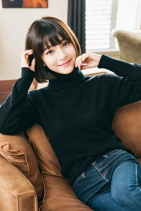 Beautiful girl wearing a black turtleneck sweater、With bangs、Short Bob、14years、inside in room、sofas、Spinning、Happy days、