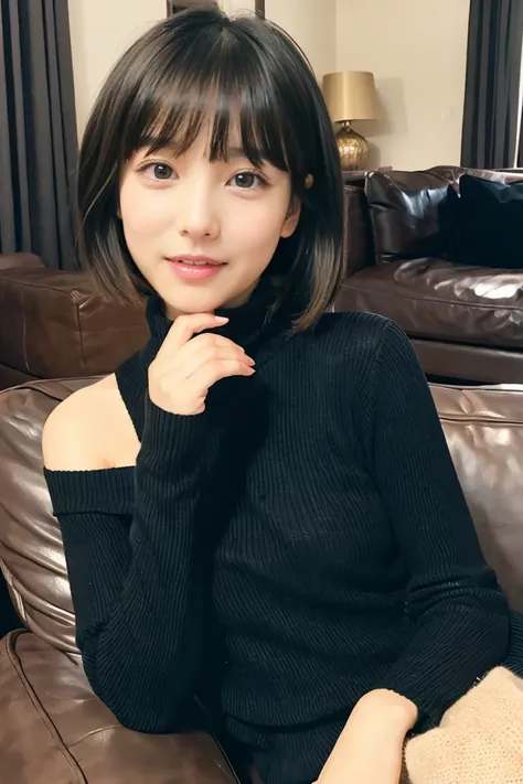 Beautiful girl wearing a black turtleneck sweater、With bangs、Short Bob、14years、inside in room、sofas、Spinning、Happy days、