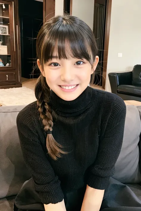 Beautiful girl wearing a black turtleneck sweater、With bangs、poneyTail、14years、inside in room、sofas、Spinning、Happy days、