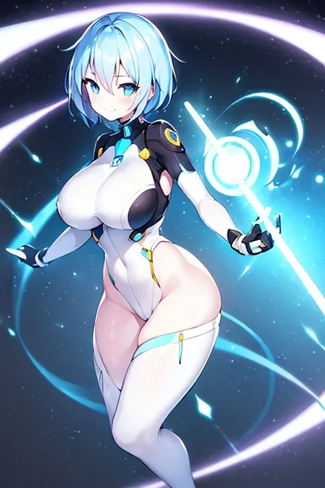 1girl, white skin, light skin, smile, light smile, blue hair, short hair, blue eyes, large breasts, breasts, wide hips, black bodysuit, bodysuit, sleeves, short sleeves, pantyhose, cute, cute face, futuristic, science-fiction, neon trim, neon, full_body, (...