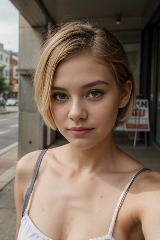 18 year old girl with blonde short cut, In public, Selfie, Portrait