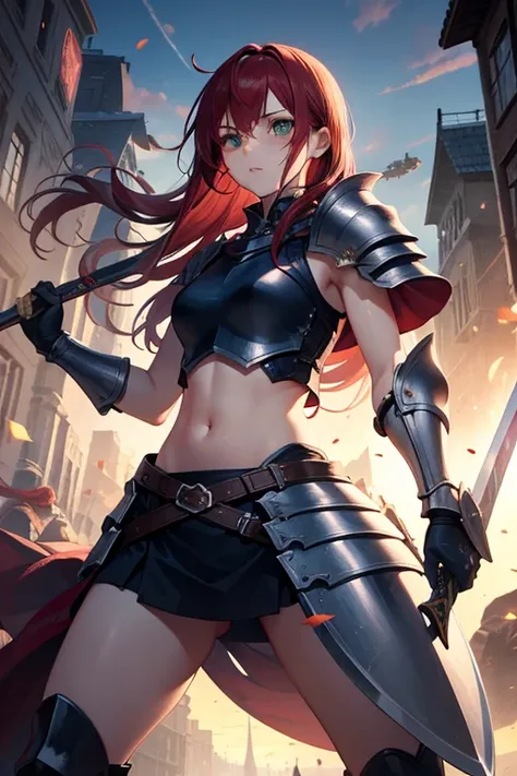 Tall girl, Long red hair, Green eyes, knight armor, Sleeveless, open belly, Sword and Shield, combat stance, Masterpiece, hiquality