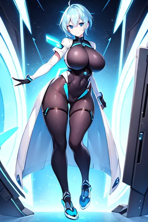 1girl, white skin, light skin, smile, light smile, blue hair, short hair, blue eyes, large breasts, breasts, wide hips, black bodysuit, bodysuit, sleeves, short sleeves, pantyhose, futuristic, science-fiction, neon trim, neon, full_body, ((full body)), sta...