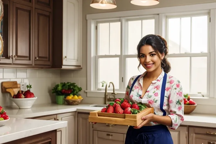 (highres,realistic),latinx woman holding a tray with strawberries in her kitchen,serene smile,hair tied up,perfect hands,[strawberries],[tray],[kitchen],detailed facial features,dreamy lighting,colorful scene