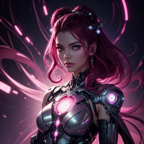 Half-body portrait of a cyborg adorned with sacred illuminated pearls exhibiting fuchsia sanguine, inspired by the styles of Chris Rahn a.k.a. Bowater and Rob Gonsalves, striking, cinematic lighting, bokeh effect, exceptional, ultra clear, breathtaking sur...