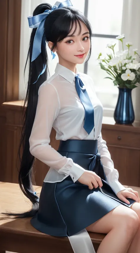 Master piece, Top Quality, very high resolution, very detailed, Detailed background, (Fraulem Chrome, (black hair, semi-long hair, Blue ribbon in ponytail), (white blouse, Blue Short Ribbon Tie, long blue skirt), small, neat, black eyes, Study, soft smile)...