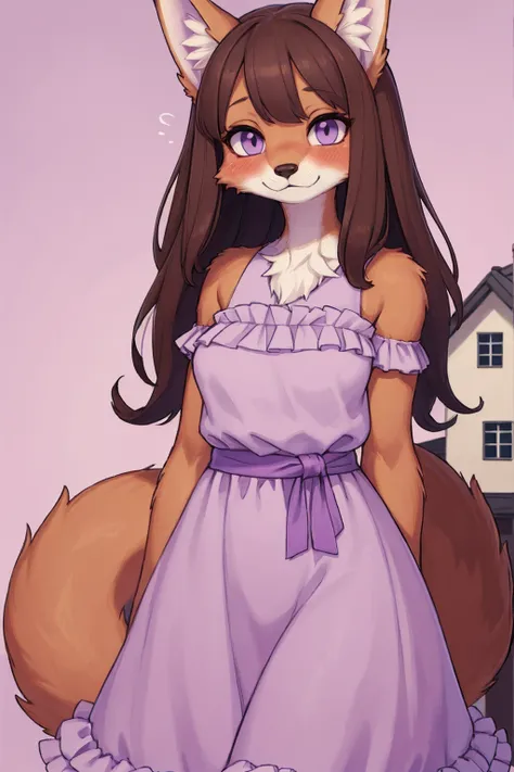 Mature,(hi-res), ((Masterpiece)), ((Best Quality)), illustration, female, anthro, fox woman, brown fur, brunette hair, upper body, furry, (shy), (wearing a pastel purple frilled dress), house background, mature, blush, medium breast, wide hips