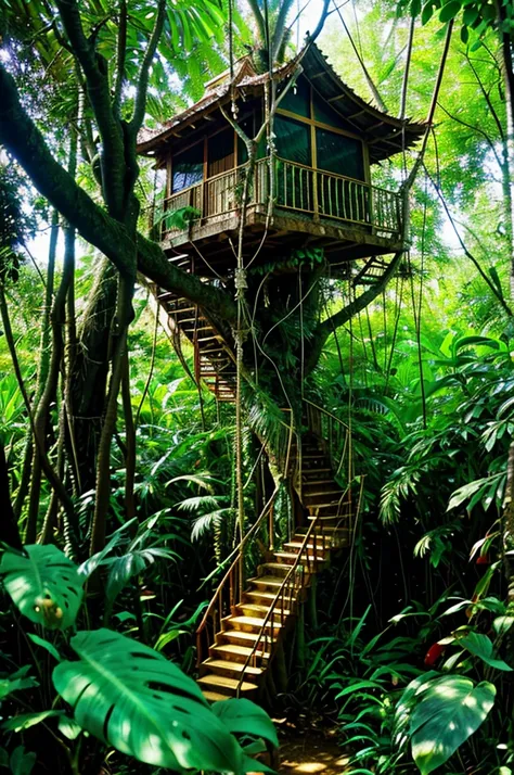 (PiroxiumDiffusion style:0.5), Beautiful jungle tree house,cinematic, (masterpiece),vibrant