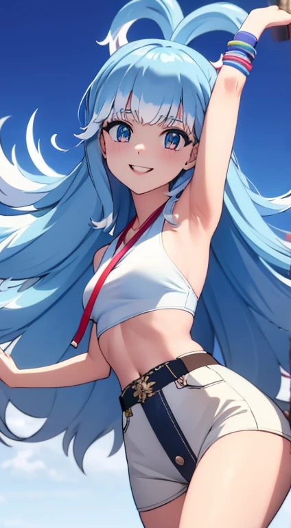 kobo kanaeru, vtuber, white bikini, belly, (ultra high quality), perfect face, denim shorts, small breast, smile