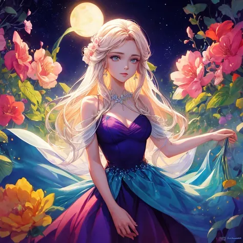 Beautiful girl in flowing ballgown dress, (asas de fadas brilhantes), Bright and flowy ball gown, cabelos longos ondulados, Asas de fadas cintilantes, Watercolor illustration, flores e plantas coloridas, inspired Directed by: Glen Keane, inspired Directed ...