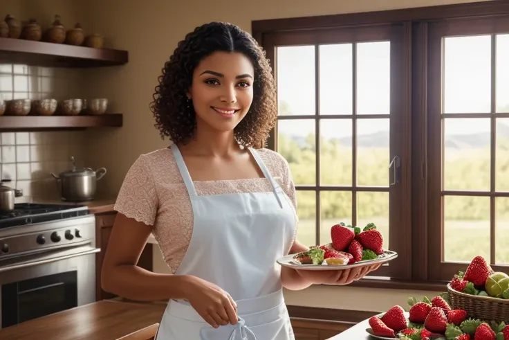 (best quality,highres:1.2),ultra-detailed,realistic portrait of a Latina woman holding a tray of strawberries in her kitchen. The woman has a serene smile on her face, her hair is neatly tied up, and her hands are perfectly manicured. She is wearing a styl...