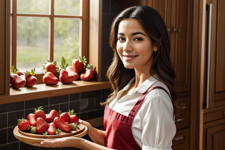 (best quality,highres:1.2),ultra-detailed,realistic portrait of a Latina woman holding a tray of strawberries in her kitchen. The woman has a serene smile on her face, her hair is neatly tied up, and her hands are perfectly manicured. She is wearing a styl...