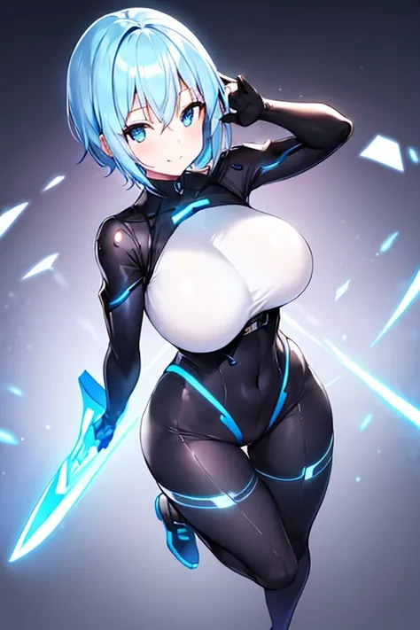 1girl, white skin, light skin, smile, light smile, blue hair, short hair, blue eyes, large breasts, breasts, wide hips, black bodysuit, black clothes, black pantyhose, bodysuit, sleeves, short sleeves, pantyhose, futuristic, science-fiction, neon trim, neo...