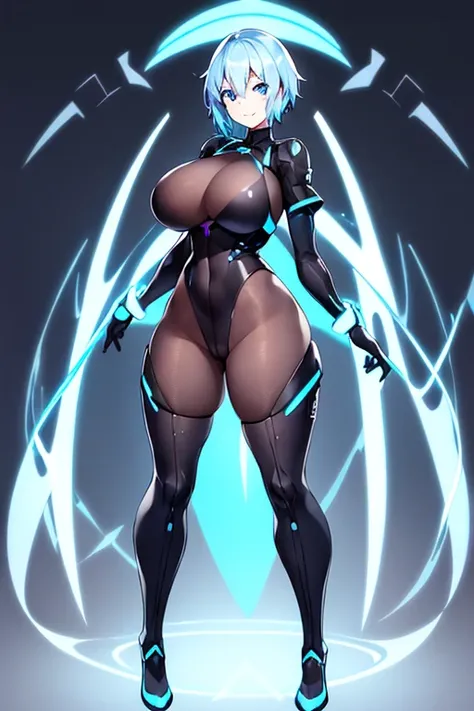 1girl, white skin, light skin, smile, light smile, blue hair, short hair, blue eyes, large breasts, breasts, wide hips, black bodysuit, black clothes, black pantyhose, bodysuit, sleeves, short sleeves, pantyhose, futuristic, science-fiction, neon trim, neo...