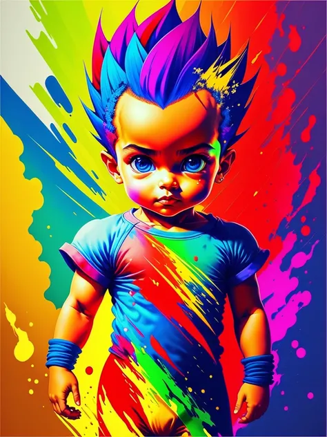 pintura do Vegeta corpo inteiro colorido em um fundo preto, Perfect rendering, radiante, cores vibrantes, Bebezinho, fofinho, barnet, baby face, magia, explosion of colors, cores extravagantes