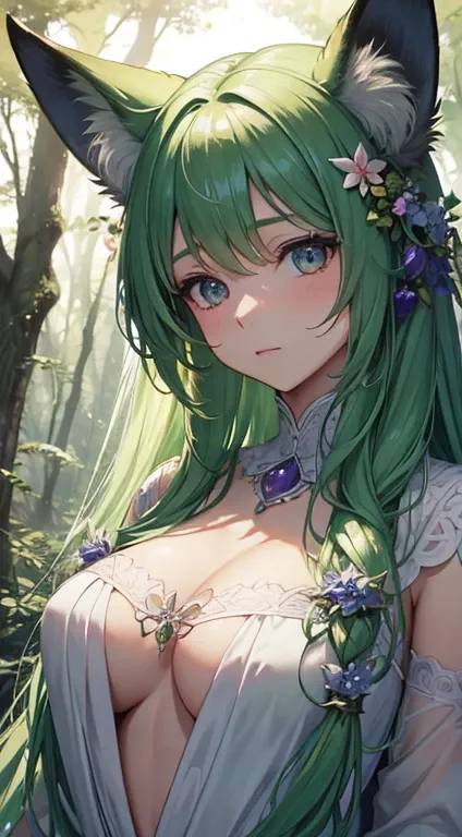 (best quality,highres,ultra-detailed),vibrant colors,realistic lighting,portrait,anime,emotionally expressive,wildflowers,forest,curious fox girl,ethereal atmosphere,flowing hair,gentle breeze,dreamlike setting,playful eyes,sunlight filtering through the t...