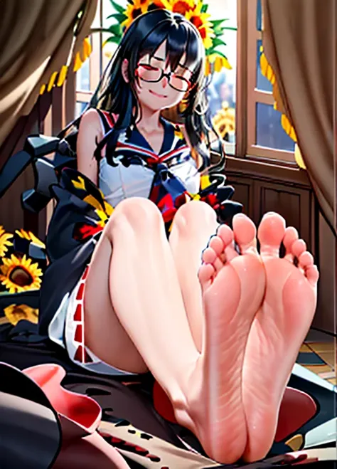 Beautiful little girl with glasses, long black hair, bouquet of sunflower and red roses, bright colors, smiling, 8k quality, cinematic focus, closed eyes, 1girl, unparalleled beauty, sweaty, extremely long soles, titan soles, titan feet, extremely long fee...