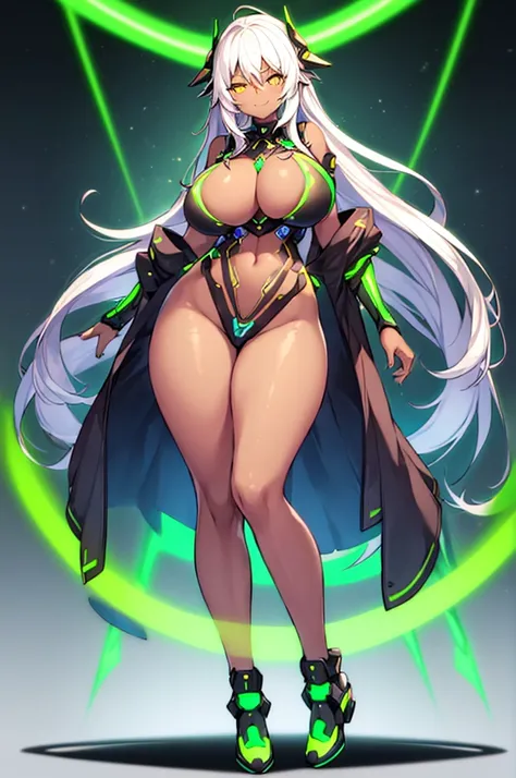 1girl, dark-skinned female, breasts, large breasts, wide hips, white hair, long hair, yellow eyes, smile, smirk, smug, sleeves, short sleeves, bodysuit, pantyhose, futuristic, science-fiction, neon trim, neon, full body, ((full body)), standing, green neon...