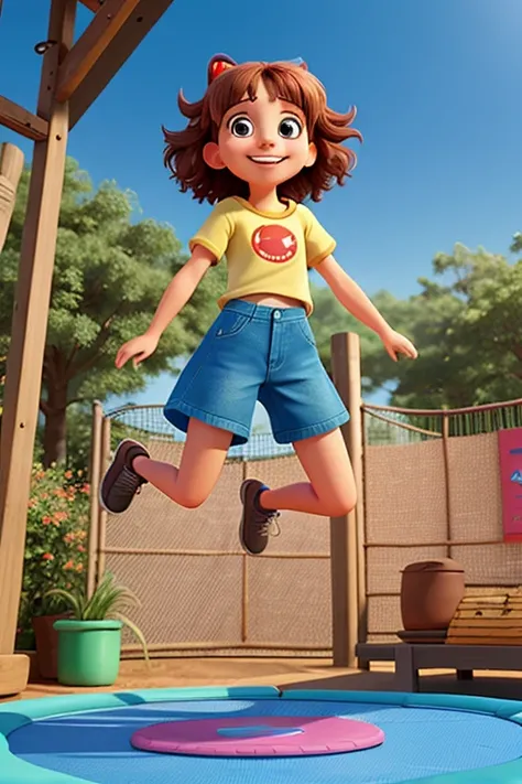 Menina sorrindo, jumping on a trampoline. Maintain original features, criar imagem no formato disney pixar cartoon