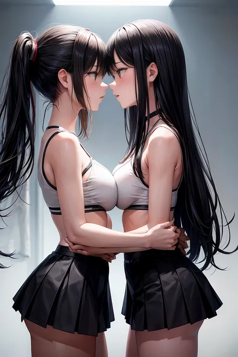 Two teenage girls，Angry look，equivalent height，in class room，black and blonde hair，Facing each other and staring，The two bodies are close to each other，lesbian、the kiss、kiss、Picture of two people、Hold the girl&#39;s hair in her hands and face each other、Ph...